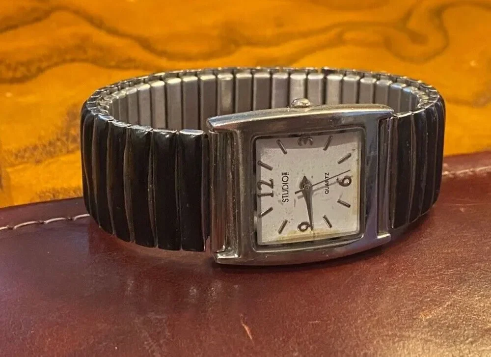 Women's 25mm Studio Time Watch, Silver Tone with Black Expansion Band